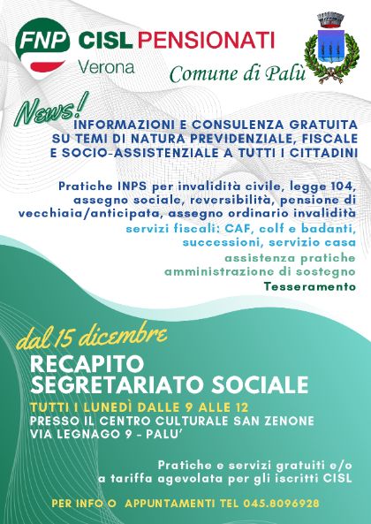 Apertura Sportello Fnp Cisl Pensionati - inaugurazione giovedì 11 dicembre ore 15,00 